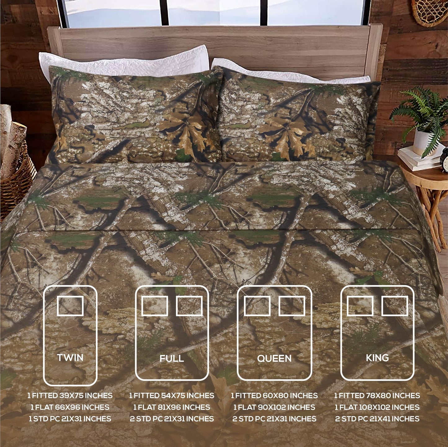 VISI-ONE Realtree APX King Camo 4 Piece Sheet Set – Lightweight, Cooling, Wrinkle-Free Microfiber 13" Deep Pockets Sheets, Unisex Rustic Western Farmhouse Style Made to Complement All Living Spaces