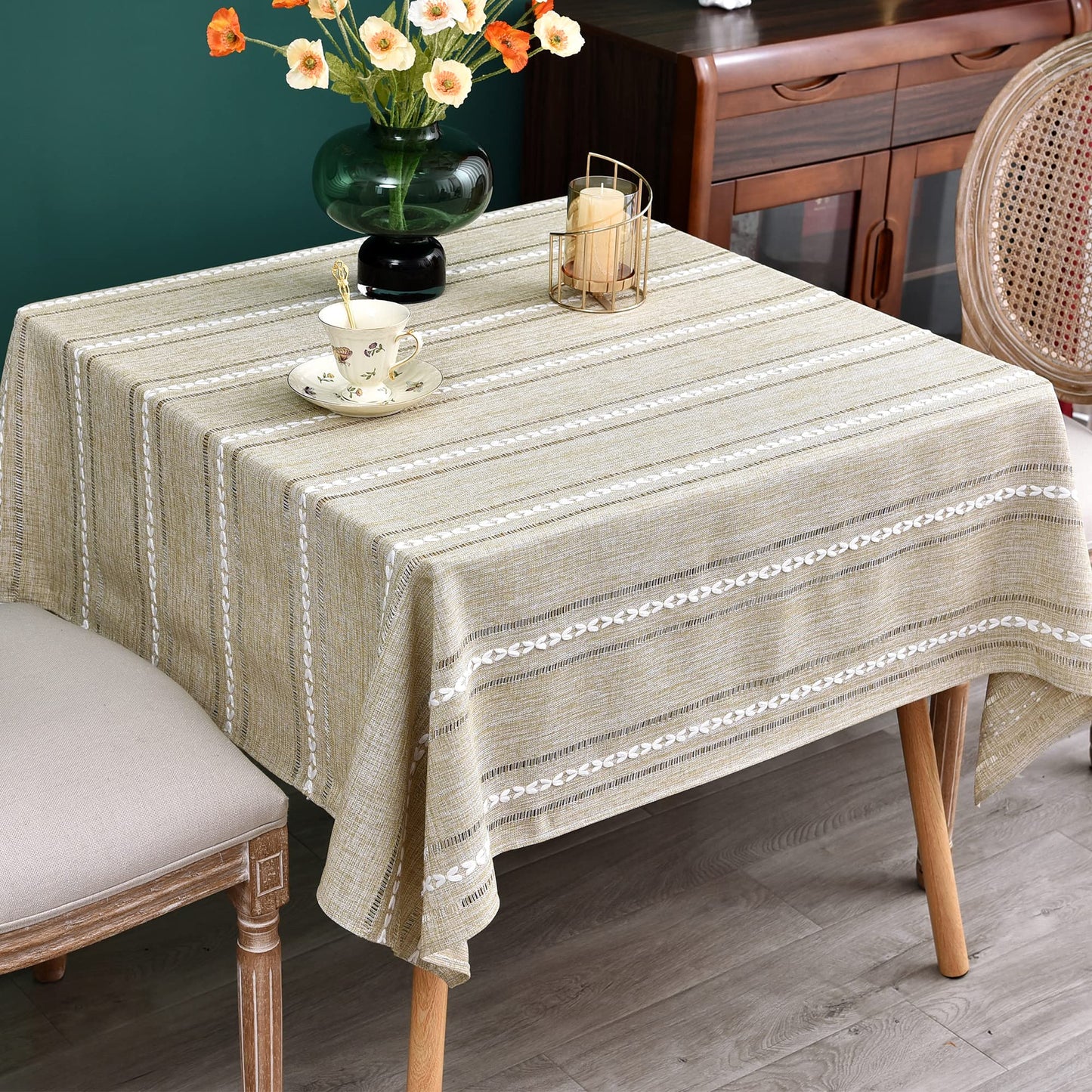 NEWISHER Rustic Farmhouse Embroidered Small Square Tablecloth Jacquard Striped Table Cloth Linen Texture Washable Dining Table Cover Kitchen Dining Home Decoration Yellow 42x42 inch