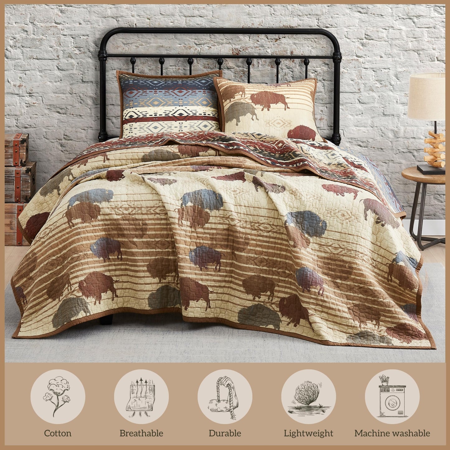 Paseo Road Home on the Range Queen Cotton Quilt Set, 3 Piece Western Bedding Set with Pillow Shams, Buffalo Aztec Reversible Quilt, Soft Rustic Lightweight Quilt, Southwestern Bedding