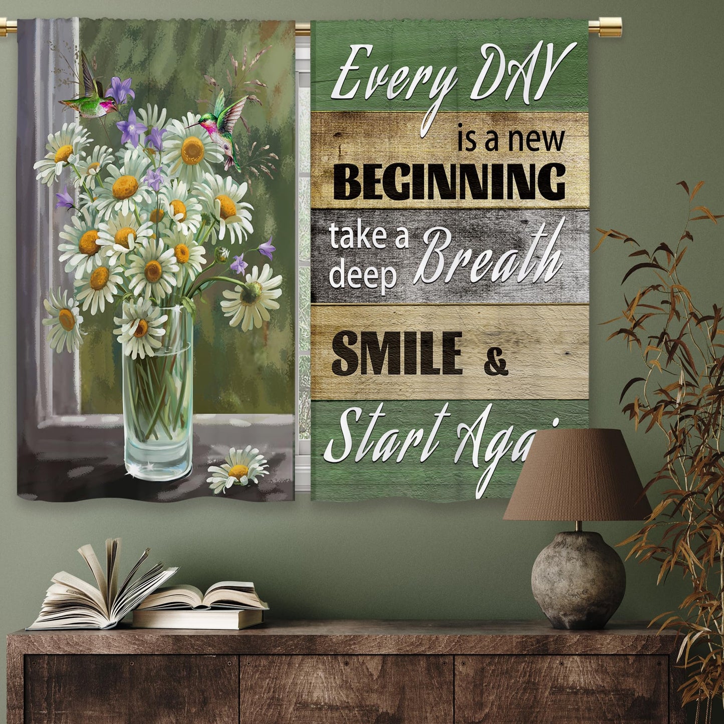 Laifzere Rustic Daisy Vase Floral Kitchen Curtains Green Wooden Farmhouse Flower Small Short Cafe Window Curtains Jesus Country Inspirational Bathroom Window Treatment Tier Curtains (27.5x39 Inch)