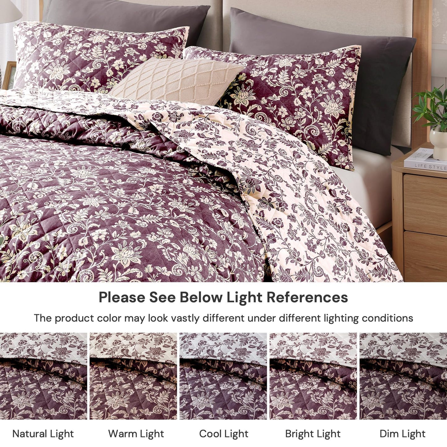 BLOOMHAVEN Quilt Set Queen Size, Italian Plum Floral Quilt Sets, Reversible Bedspread Lightweight and Breathable for All Seasons, Soft Quilted Bedspread with 2 Pillow Shams