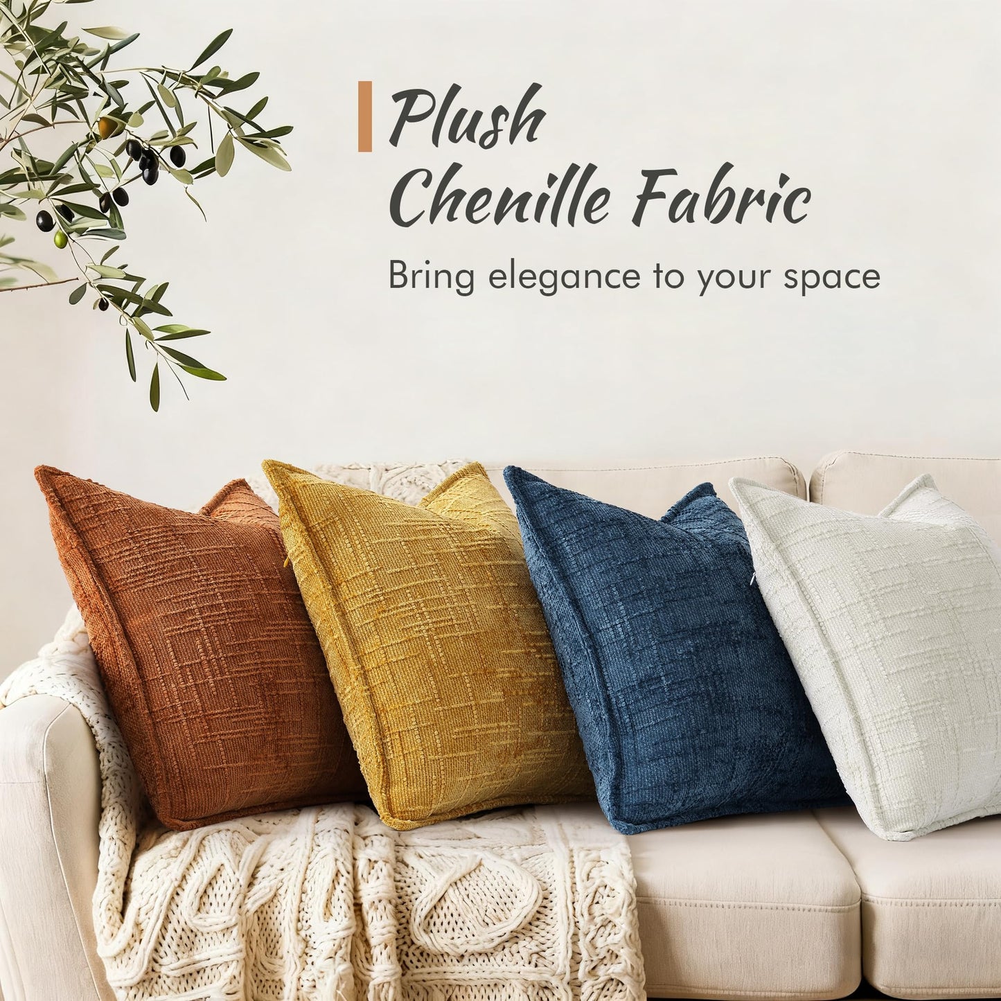 decorUhome Chenille Fall Throw Pillow Covers 20x20 Set of 2, Soft Textured Slubby Modern Decorative Pillow Covers with Elegant Design for Couch, Sofa, Living Room, Rust