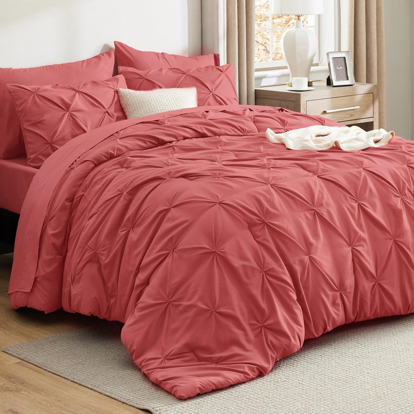 Bedsure Queen Comforter Set Coral Red - Bed in a Bag Queen Size Bedding 7 Pieces, GentleSoft™ Pintuck Bed Set Gift for Family, All Season Down Alternative Comforter with Sheets, Pillowcases & Shams