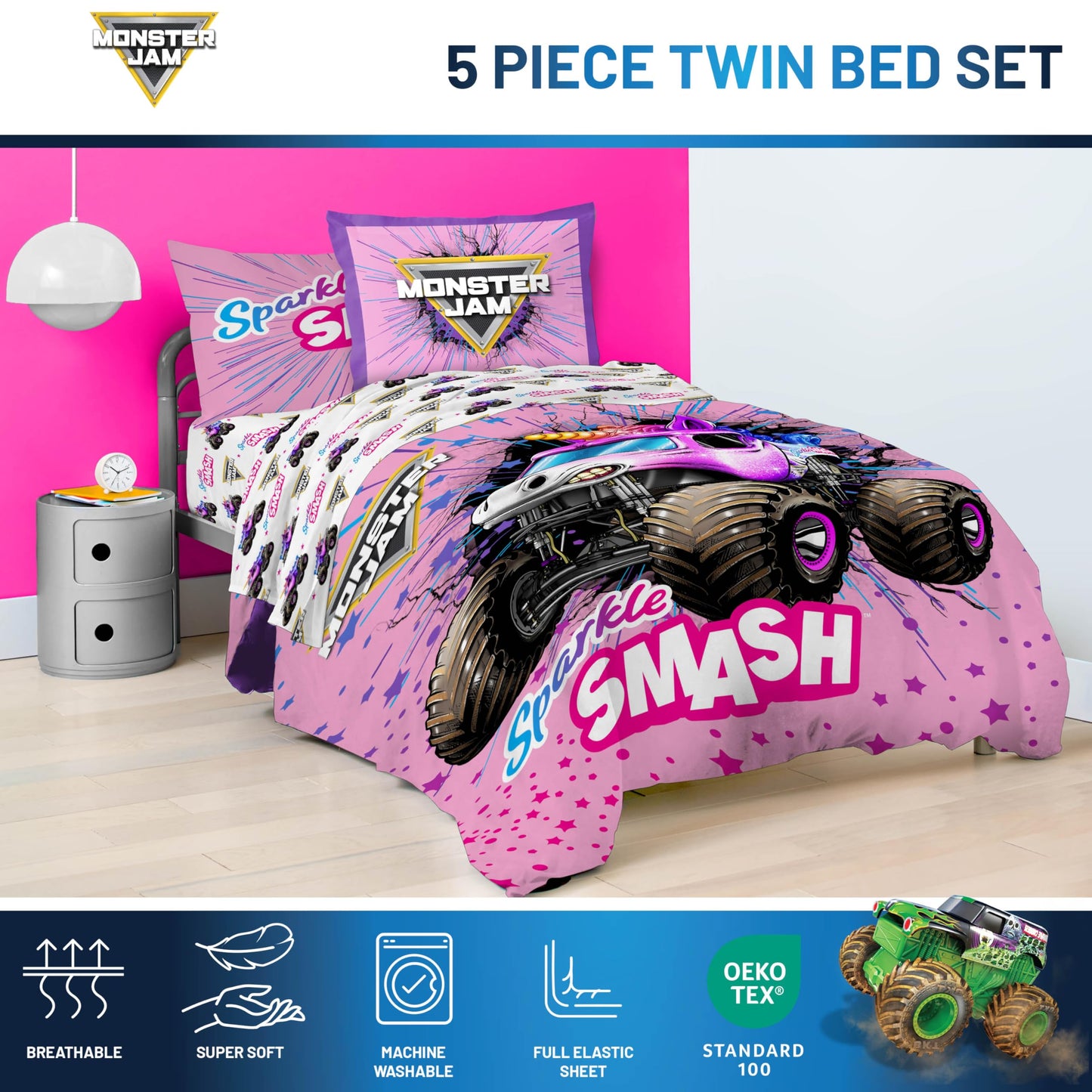 Jay Franco Kids Bed Set, Pink, Monster Jam, 5 Piece Twin