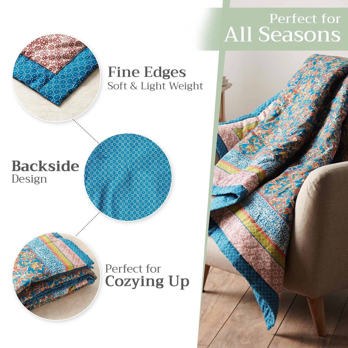 Maison d' Hermine Throw Blanket for Couch Lightweight Soft Warm Breathable Cotton Throw Blankets for Bed Girls Boys Women Men Gifts Travel Living Room Spring Summer (Kerala - Blue, 60" X 80")