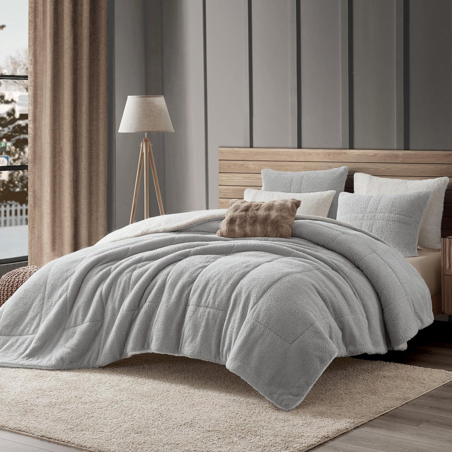 Wonderful Grey Tufted Textured Fleece Comforter Set King Size, 3 Pieces Fluffy Faux Teddy Fur Lightweight Comforter Sets with Pillow Shams, Soft Shaggy Plush Bedding Set for Winter