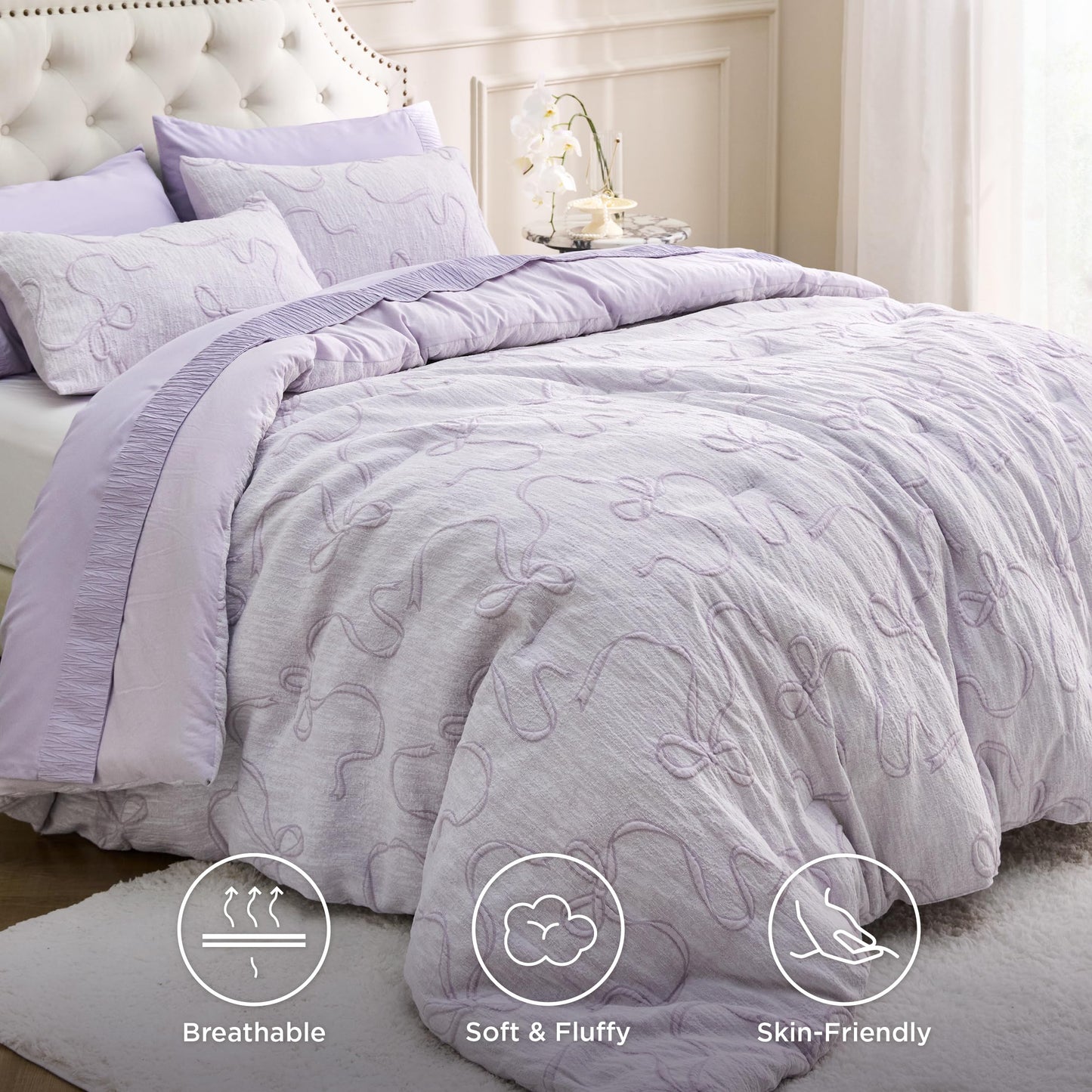 Bedsure Lavender King Size Comforter Set, GentleSoft™ 3 Pieces Breathable Bow Comforter Set Women with 2 Pillow Shams, Cute King Bedding Set Room Decor Aesthetic Bedroom Decor, 104x90 Inches