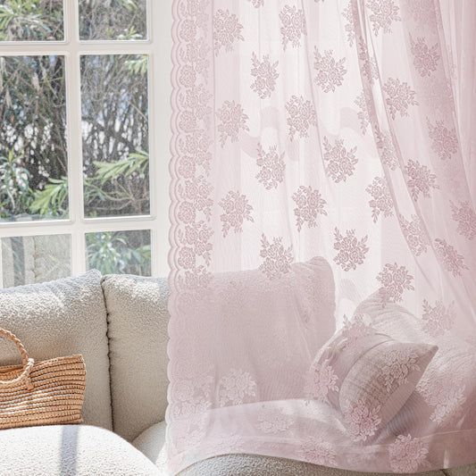 FAPLIGLISY Pink Lace Sheer Curtains for Girls Bedroom, Vintage Rose Floral Patterned Privacy Curtain Drapes 96 Inch Length, Rod Pocket Light Filtering Window Curtains Panels, 57" x 96" Long 2 Panels