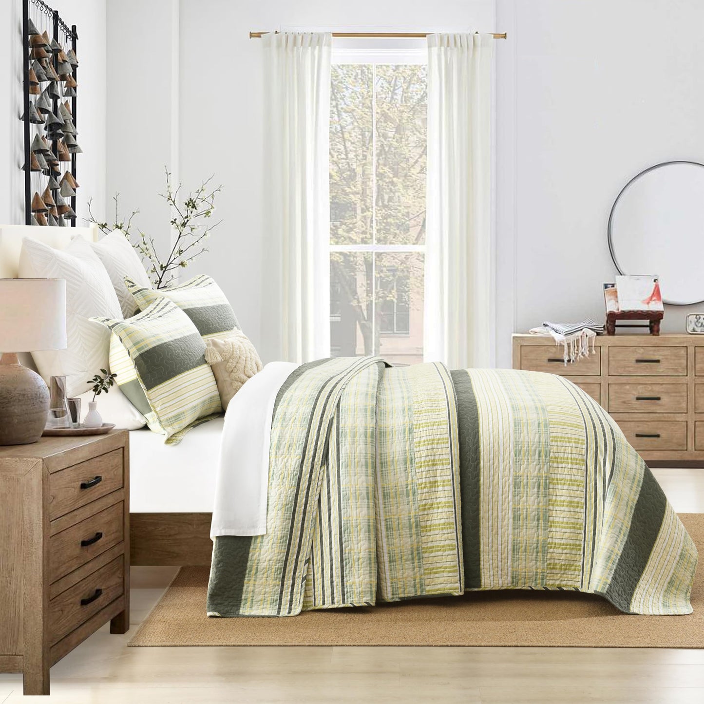 Homzard 100% Cotton Quilt King Size, Green Yellow Striped Plaid Quilt Bedding Set,Olive Green Lightweight Soft Farmhouse Bedspread Coverlet,Summer Spring Lightweight King Size Comforter Set 3 Pieces