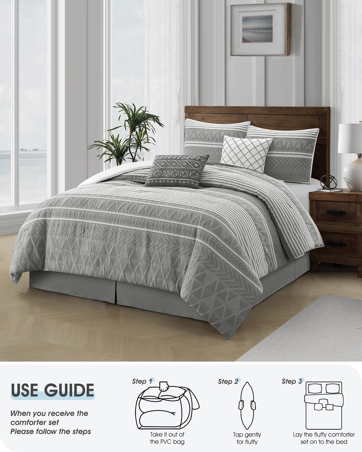LANCO MODERN LIFESTYLE Cotton Comforter Set Queen, Gorgeous Geometric Jacquard, Grey Soft Lightweight Bedding Set for All Seasons, 6 Pieces with Bedskirt, Pillow Shams and Decor Pillows