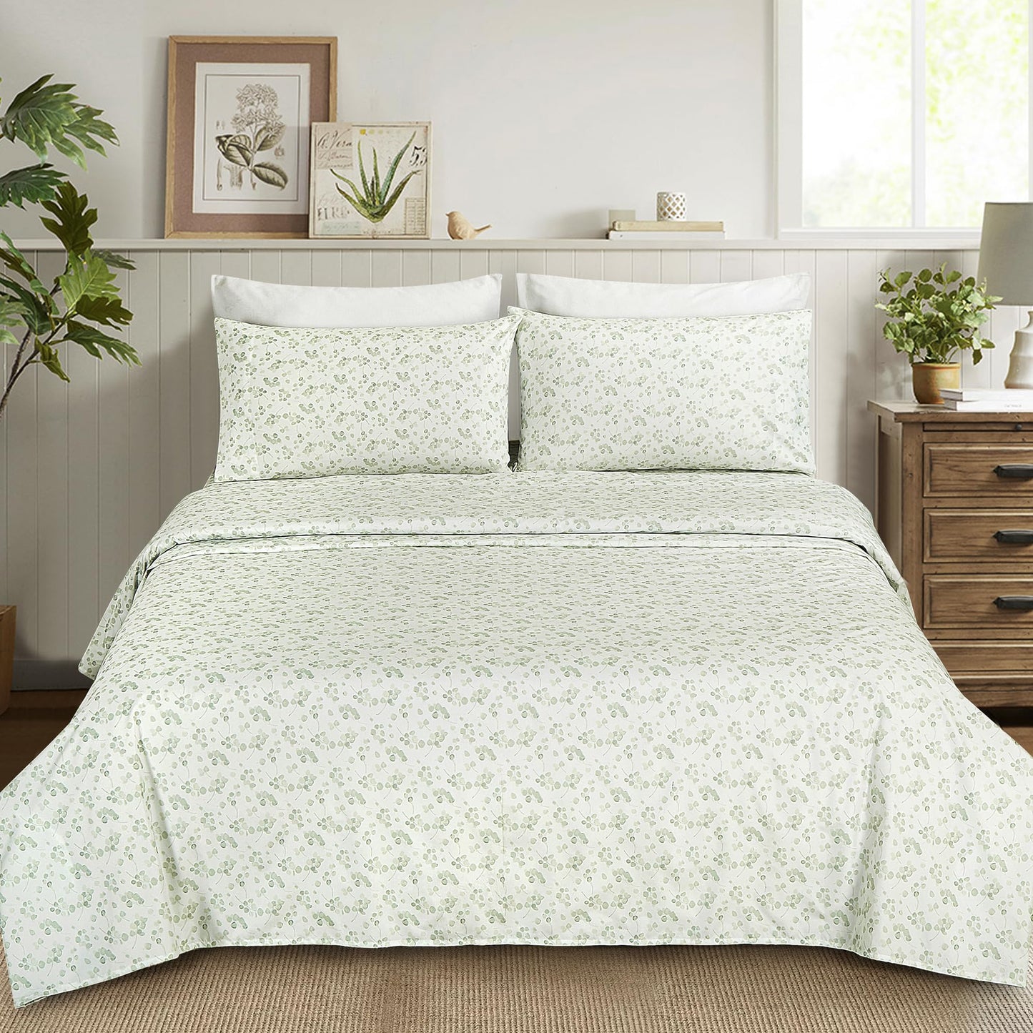 Chezmoi Collection Arbor 4-Piece Floral Bed Sheet Set - Soft Green White Printed Microfiber 14-Inches Deep Pocket Sheets & Pillowcases Set, California King