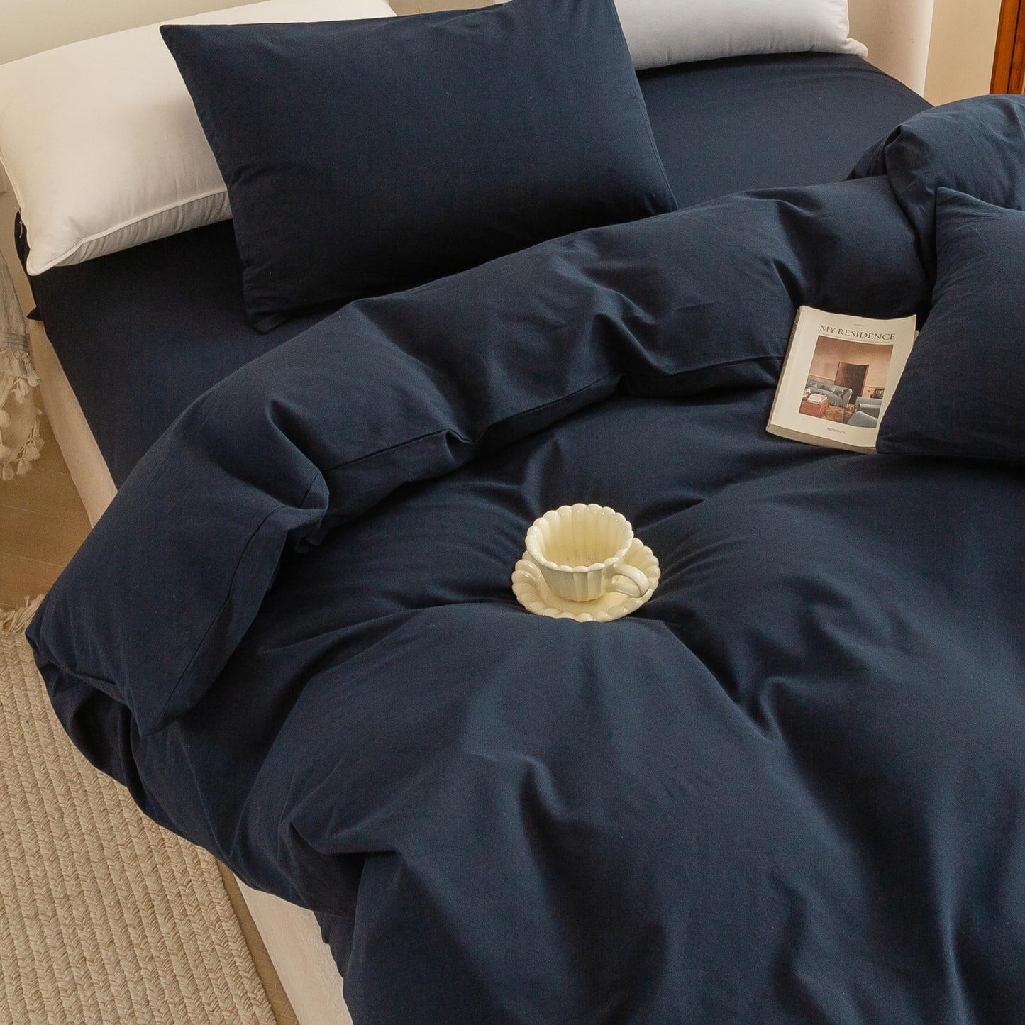 ECOCOTT Navy Blue Duvet Cover Queen Size, 100% Washed Cotton 3 Piece Bedding Set 1 Duvet Cover with Zipper and 2 Pillowcases, Ultra Soft and Easy Care Breathable Duvet Cover(Navy Blue, Queen)
