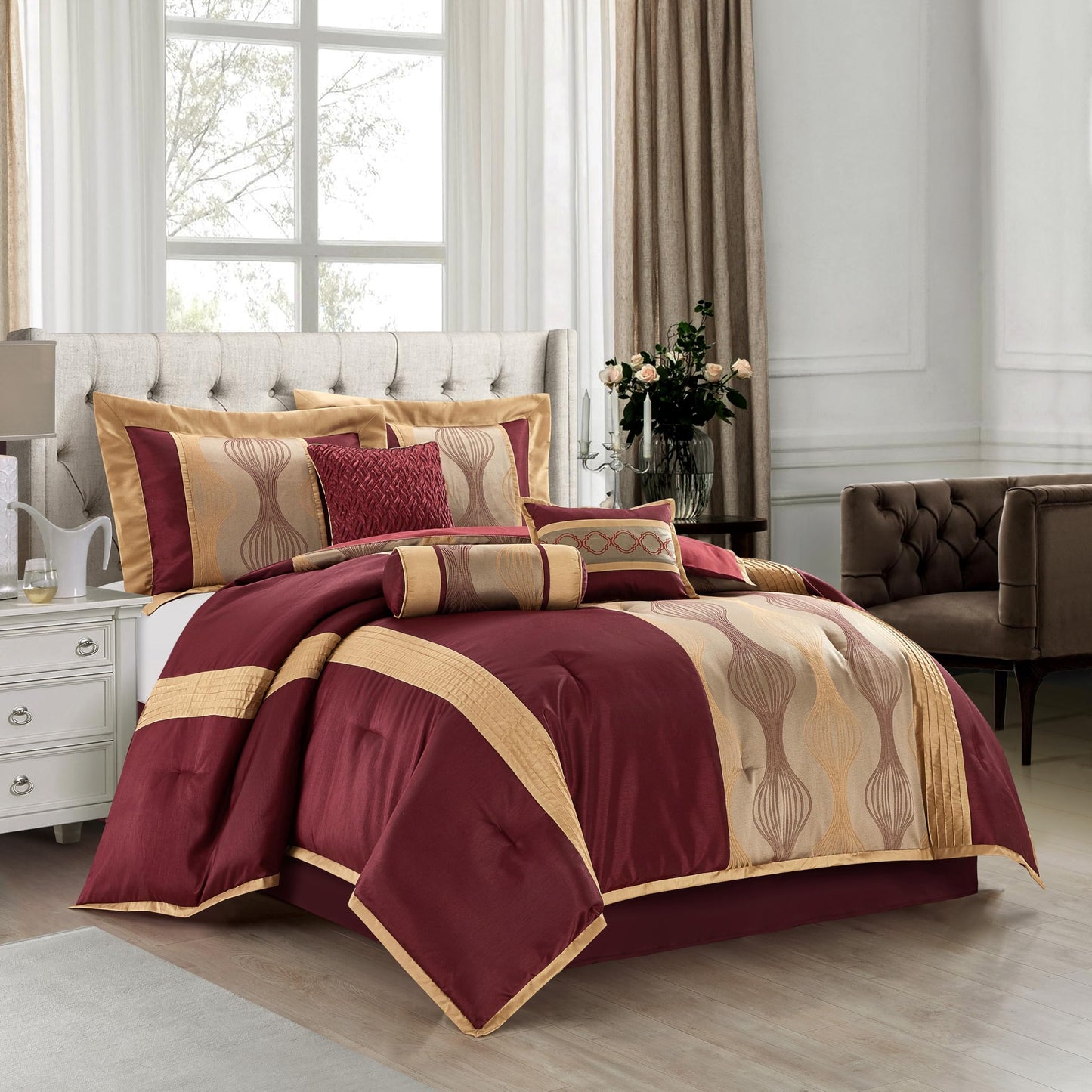Stratford Park Wine Gold 7 Pieces Lightweight Microfiber Bed-in-a-Bag Comforter Bedding Set, Jacquard Queen Comforter Set, All Season Bedroom Home Décor