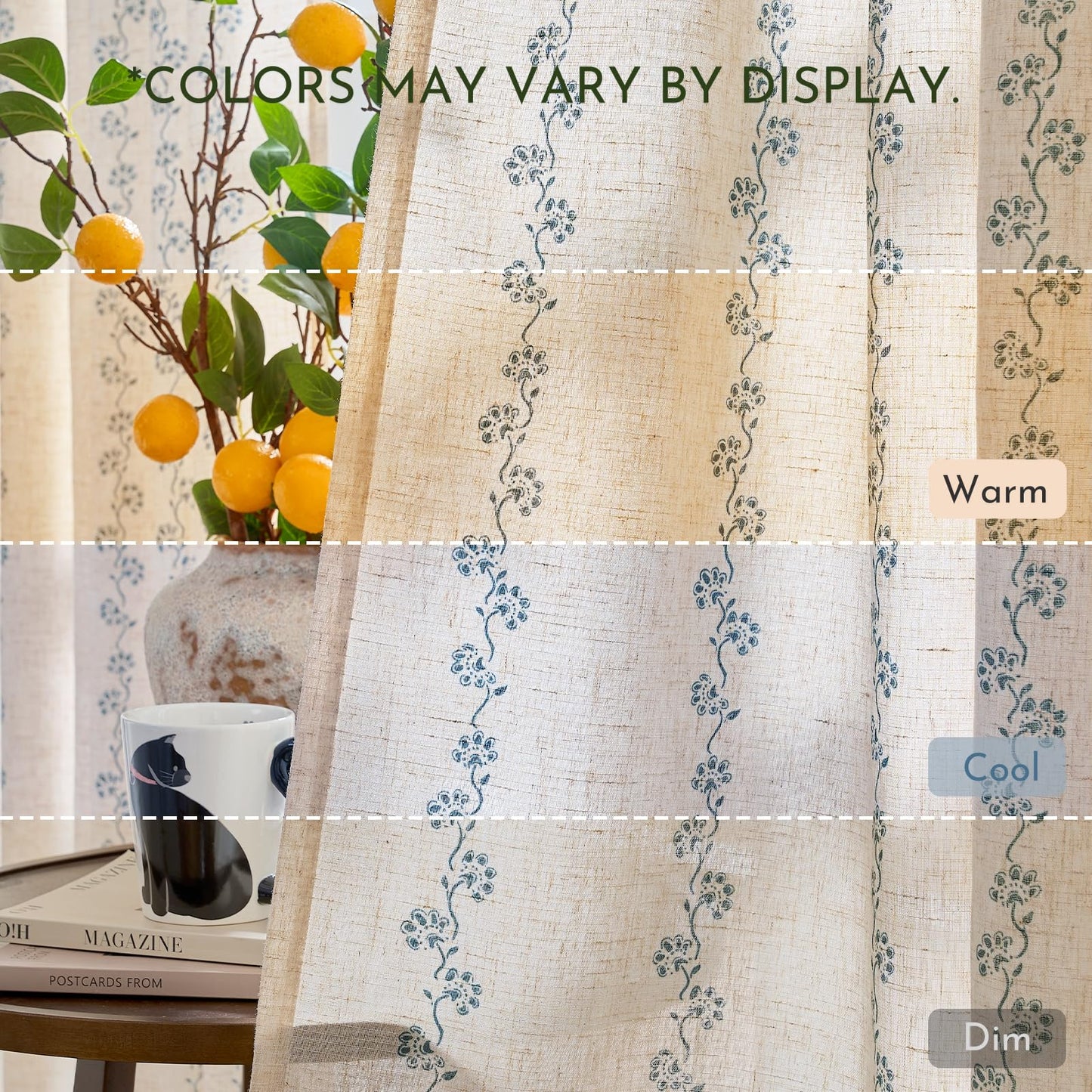 Lazzzy Cathy Blue Linen Floral Curtains 84 inches Long Semi Sheer Drapes 2 Panels for Living Room Bedroom Privacy Light Filtering Curtains Rod Pocket Back Tab 50"x84" Blue on Linen