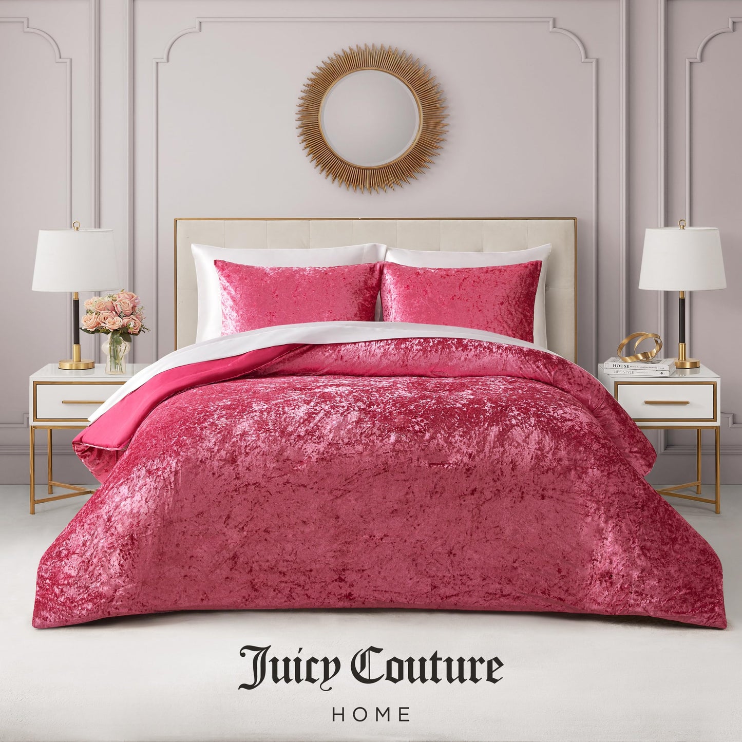 Juicy Couture Crushed Velvet Queen Comforter and Sham Set, 3-Piece Full/Queen Bedding Set - (1) 90"x90" Comforter and (2) 20"x26" Sham - Hot Pink