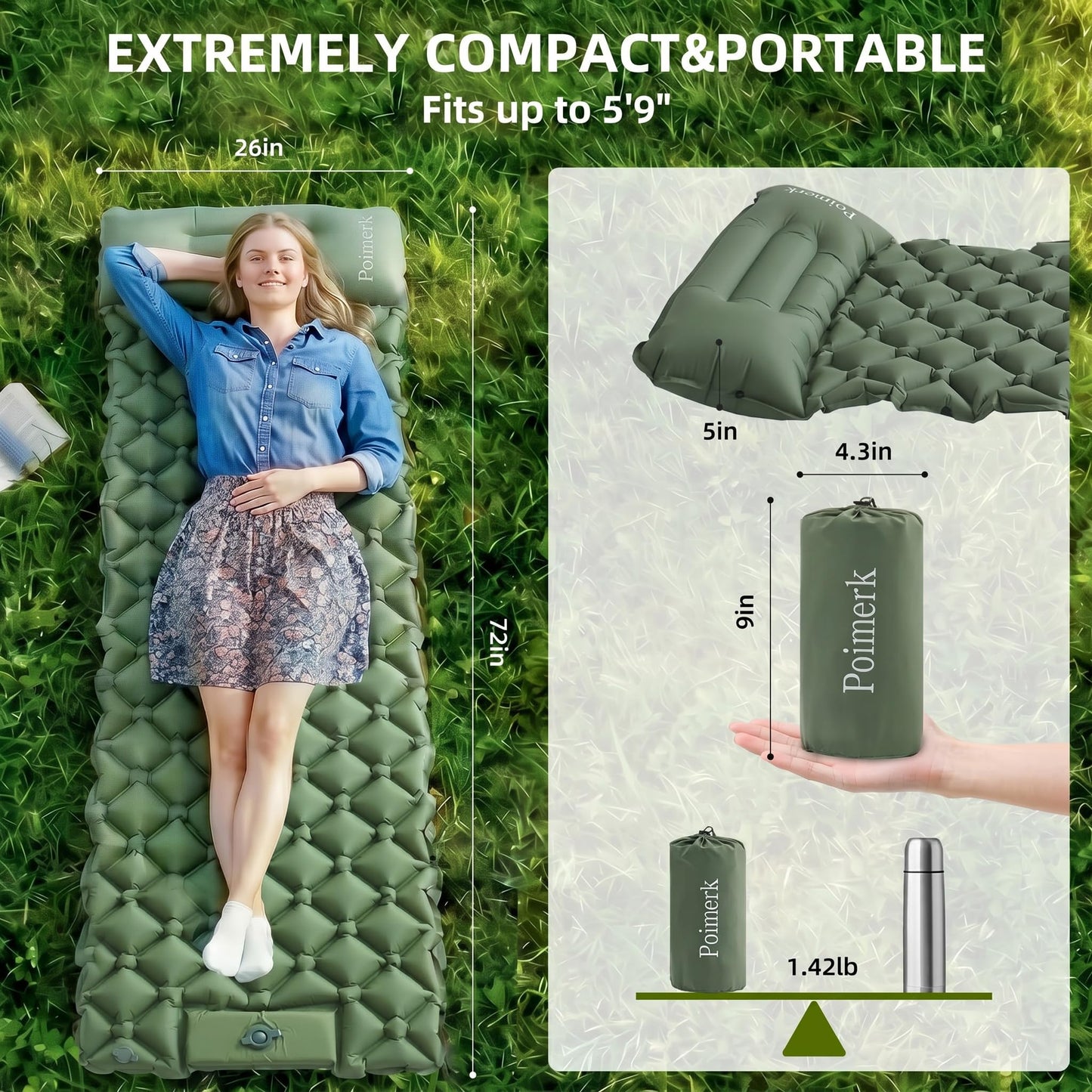 Ultralight Camping Sleeping Pad Mat, Compact Air Mattress for Backpacking