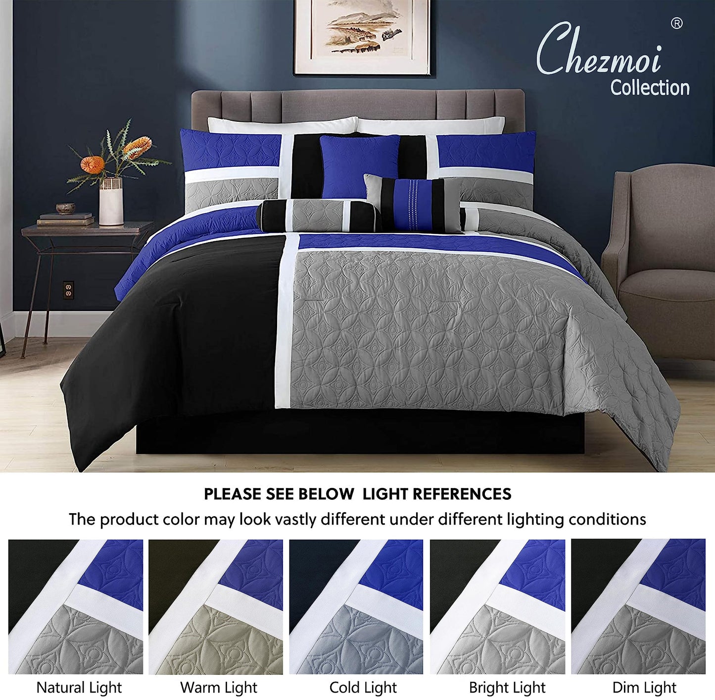 Chezmoi Collection Upland 7-Piece Quilted Patchwork Comforter Set, Blue/Black/Gray, King