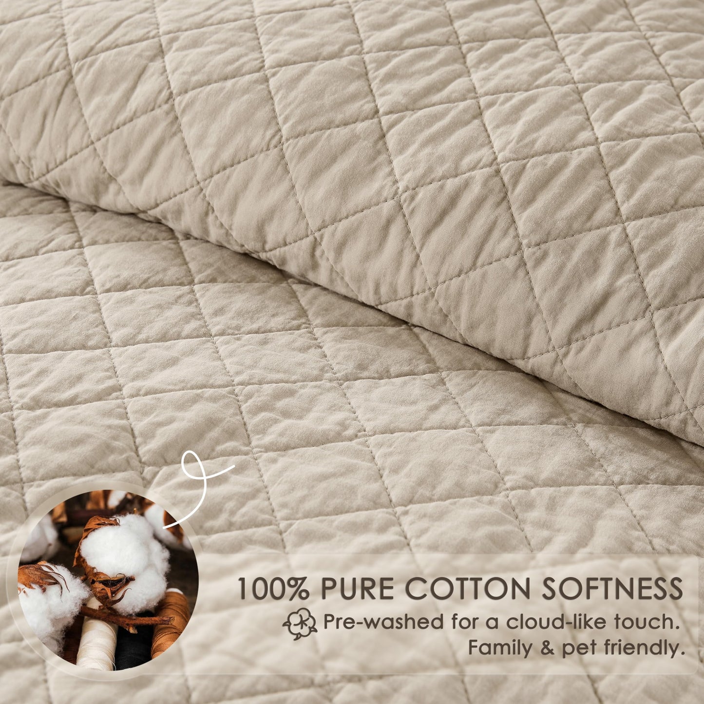 WDCOZY 100% Cotton Quilt Oversized King Size Bedspread, Pre-Washed 3-Piece Lightweight Soft Coverlet Set with 2 Pillow Shams, Farmhouse Design All Season Bedding Set, Beige