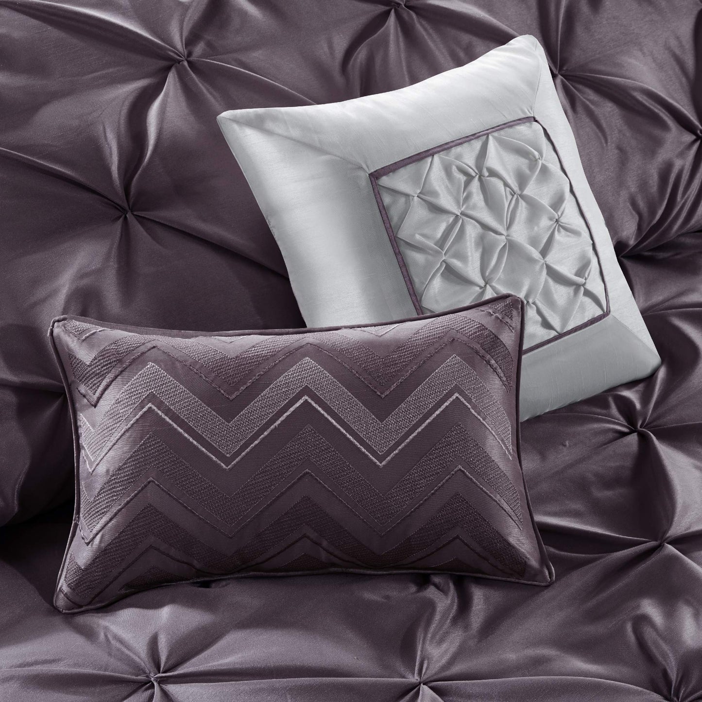 Madison Park Essentials King Comforter Set, 24 Piece Bedding With Matching Curtains, Decorative Pillows, Luxe Diamond Tufting , Room in a Bag Joella Collection, Plum King