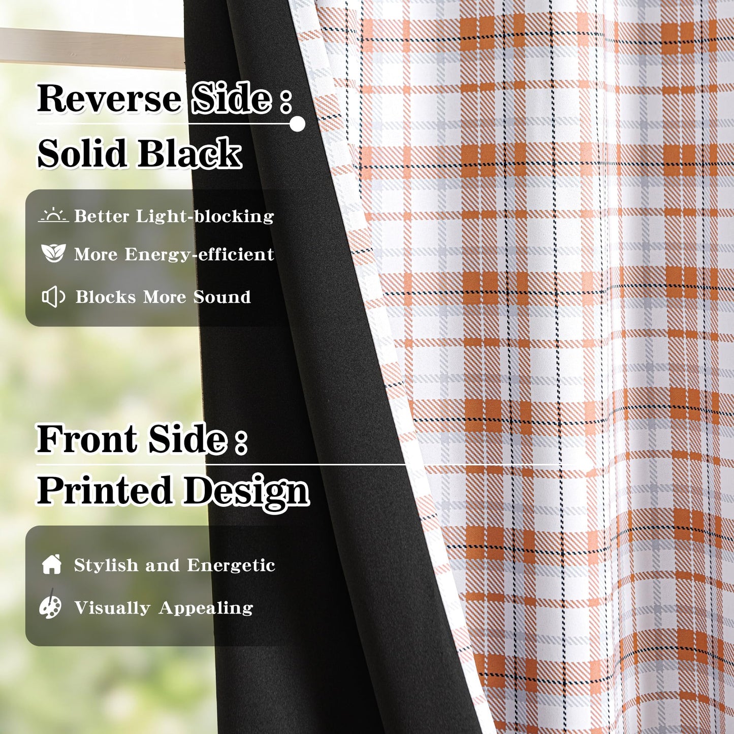 MYSKY HOME 95% Plaid Blackout Curtains 84 Inch Long 2 Panels Set for Bedroom Farmhouse Thermal Insulated Light Blocking Black Out Grommet Window Treatments, 52" W Each Panel, Orange