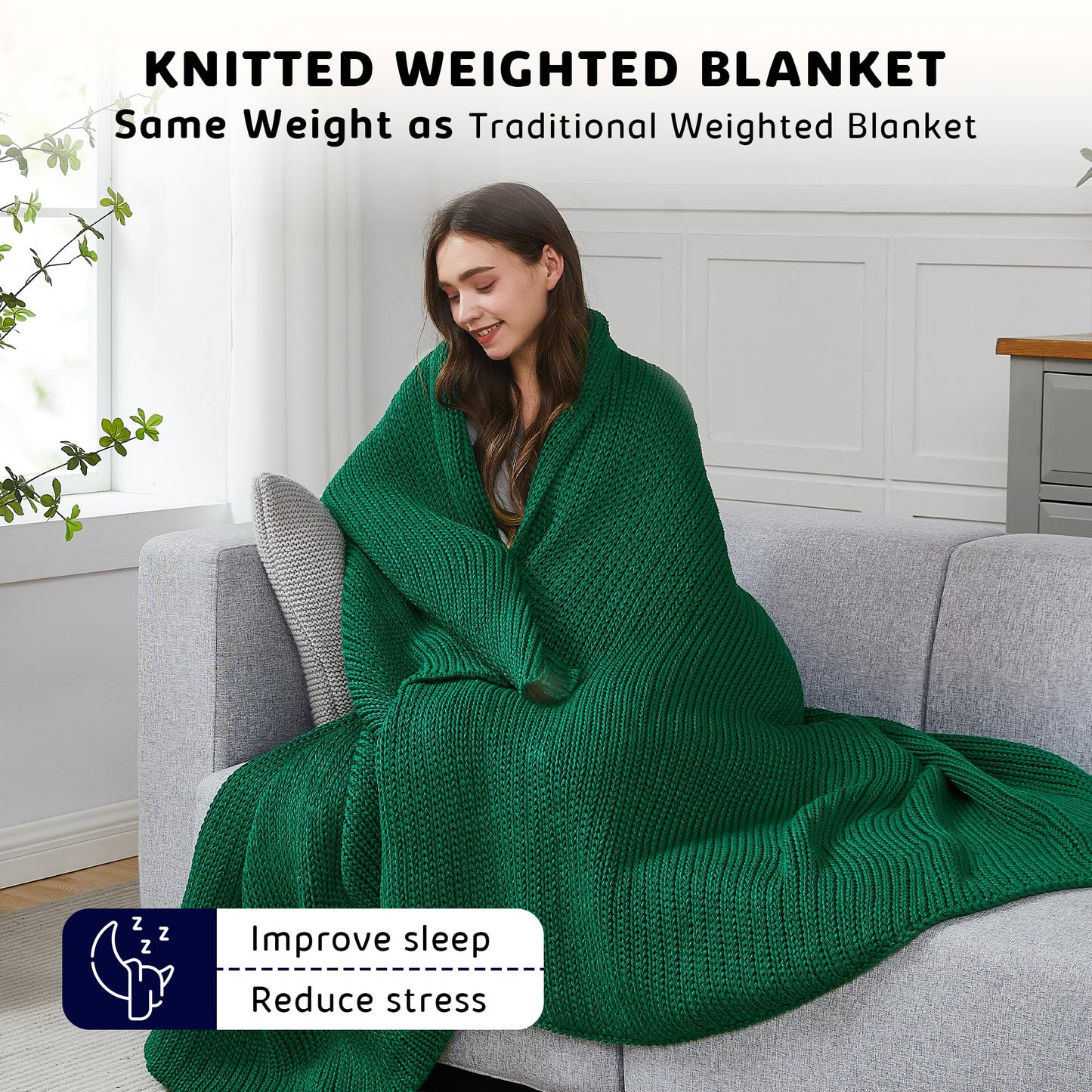 L'AGRATY Knitted Weighted Blanket - 60''x80'' 20lbs Cooling Chunky Knit Heavy for Adults Braided Crochet Throw Thick Cable Yarn Decorative No Beads Evenly Machine Washable, Green