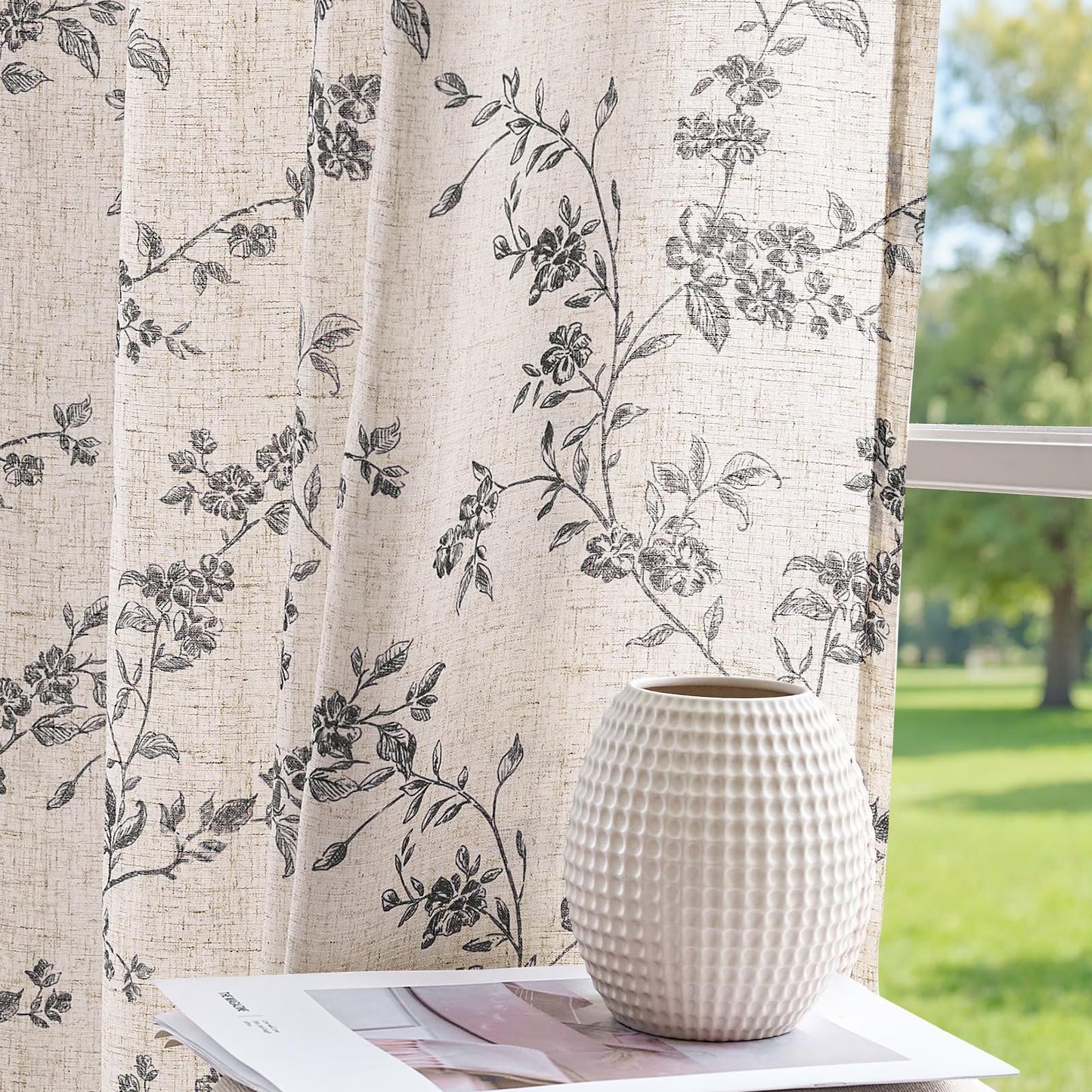 jinchan Linen Floral Curtains 63 Inch Farmhouse Country Flower Drapes Rustic Window Curtains Light Filtering for Living Room Bedroom Laundry Back Tab 2 Panels Black on Beige
