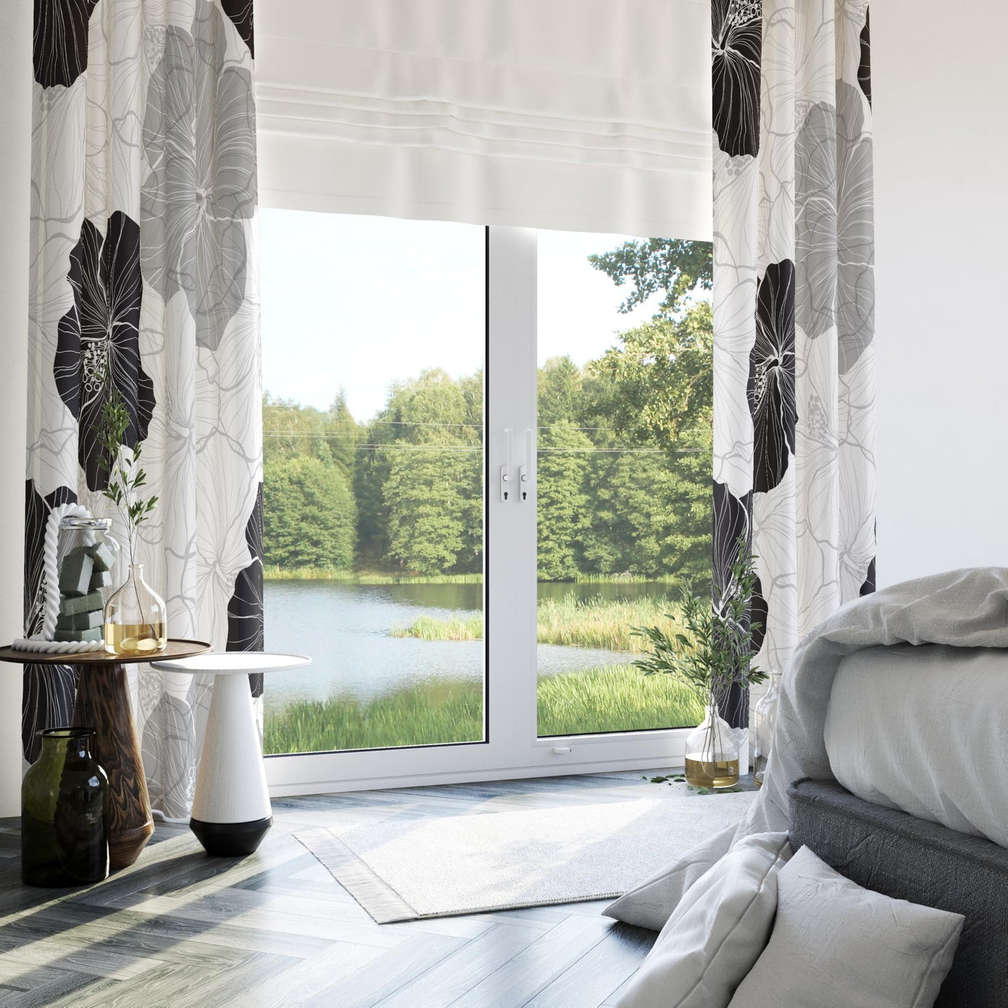 LADYVOGUE 100% Blackout Curtains 2 Panels Set Black White Grey Floral Black Out Curtain Gray Flower Chic Thermal Insulated Window Treatments Decor for Living Room Bedroom Darkening Curtain 52x84 Inch