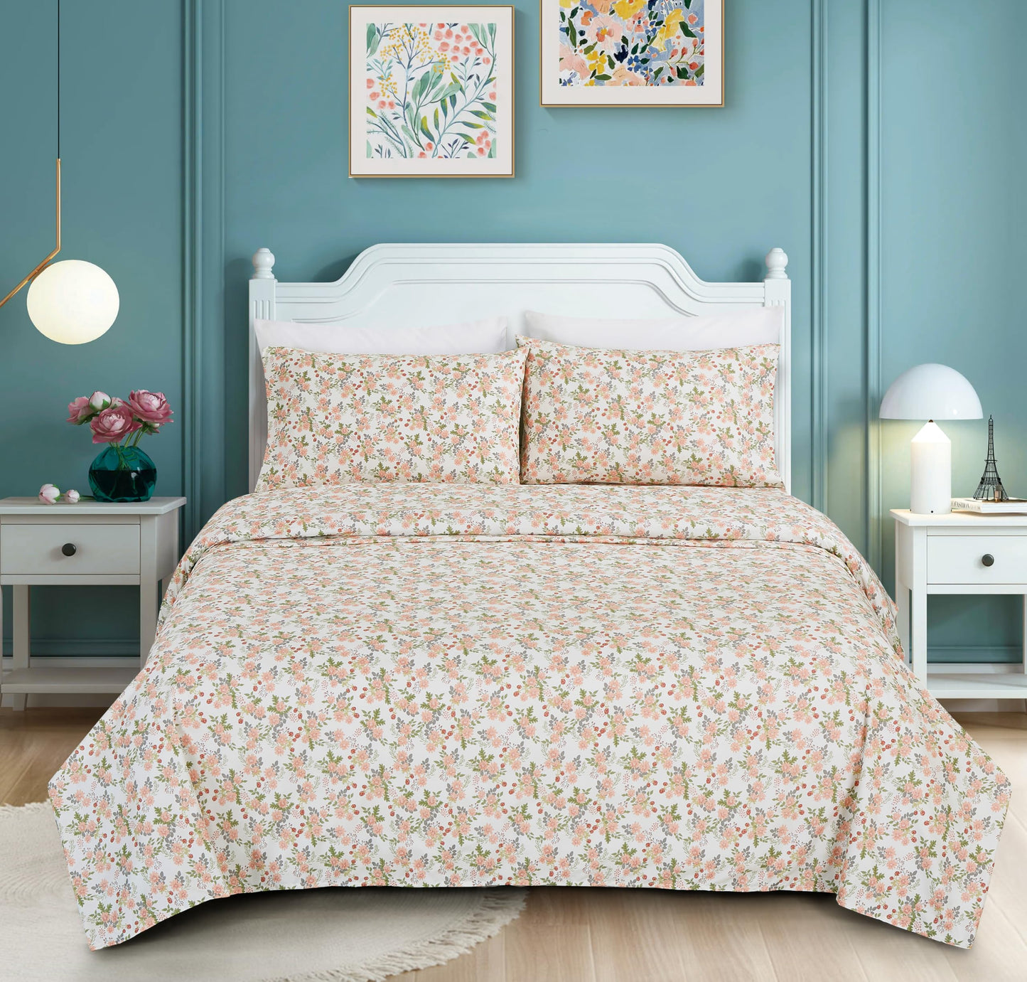 Chezmoi Collection Winika 4-Piece Floral Bed Sheet Set - Multicolor Pink Red Green Gray Floral Flowers Printed Microfiber 14-Inches Deep Pocket Sheets & Pillowcases Set, California King