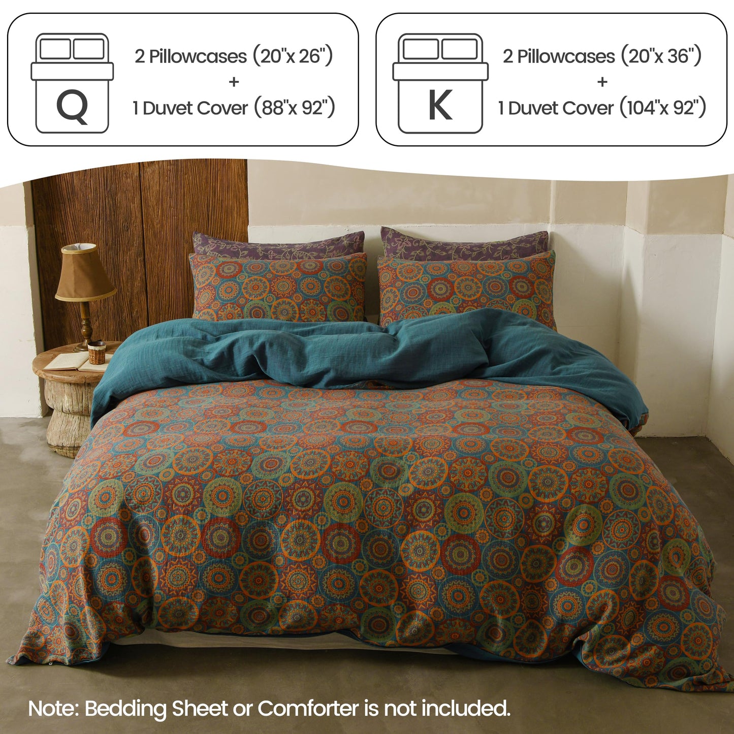 BISELINA 100% Cotton Muslin Duvet Cover Set Queen, 3 Pcs Yarn-Dyed Jacquard Textured Vintage Kabyle Pattern, Soft and Breathable Bedding Set with Zipper Closure, Kabyle Blue Orange