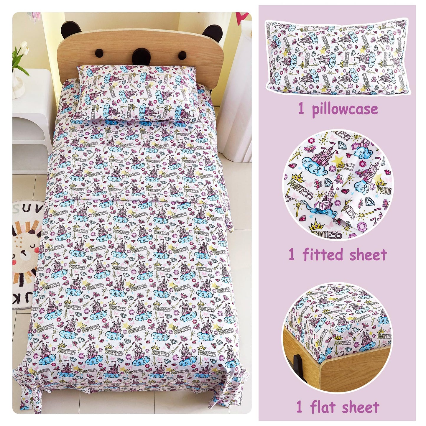Softan Kids Bed Sheet Set, 3-Piece Twin Sheets Set, Microfiber Fitted Sheet with 15 Inches Deep Pocket and Corner Straps, Breathable & Silky Soft Castle Diamond Printed Sheet and Pillowcase Sets