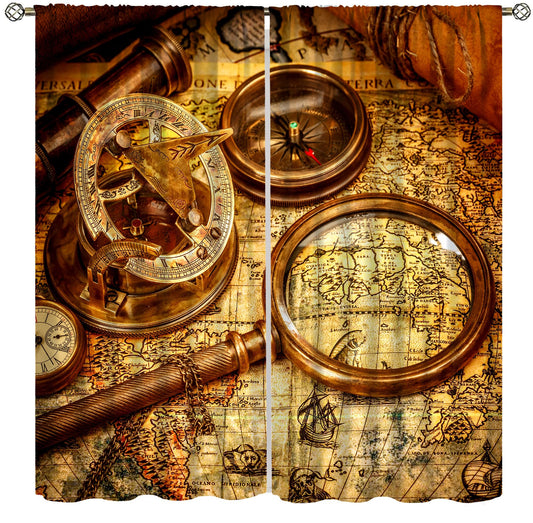 wlsgdsg Retro Map Curtains for Kids Retro Rural Medieval Old Nautical Treasure Map Compass Pattern Window Treatments for Boys Teen Bedroom Living Room 42x44.5In（No Blackout）
