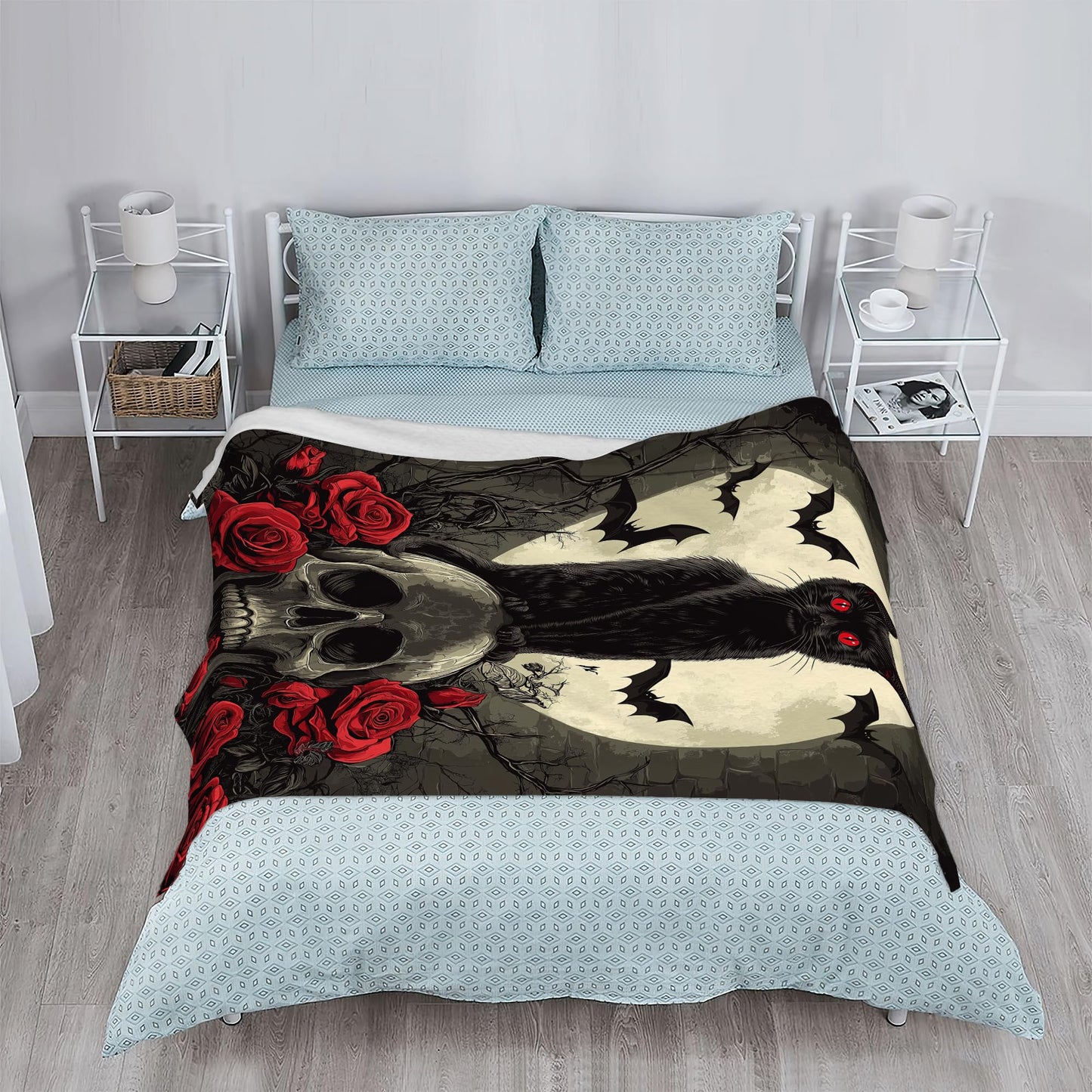 Black Cat Sofa Throw Blankets,Gothic Skull Bats Flower Soft Cozy Fuzzy Lightweight Travel Blanket,Flannel Fleece Fall Throw Blanket for Couch,Bed,Camping,Movie Nights,Watching TV 50 X 60 Inch