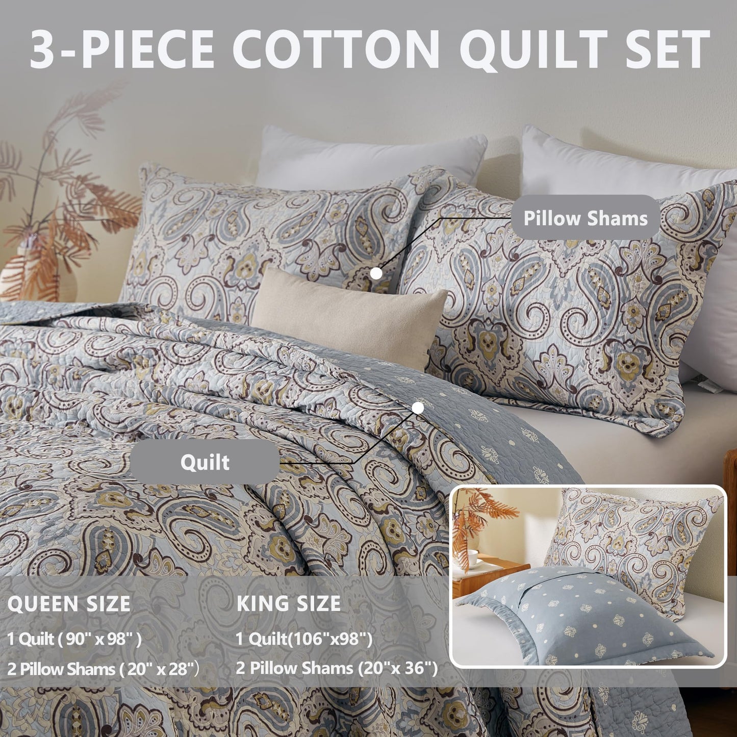 BCOTTOND Blue Paisley King Size Quilt Set - Reversible Paisley Brown Floral Quilts King Size, 100% Cotton Lightweight Bedspread Set, Luxury Quilt Bedding Set for King Bed, Light Blue, 106×98