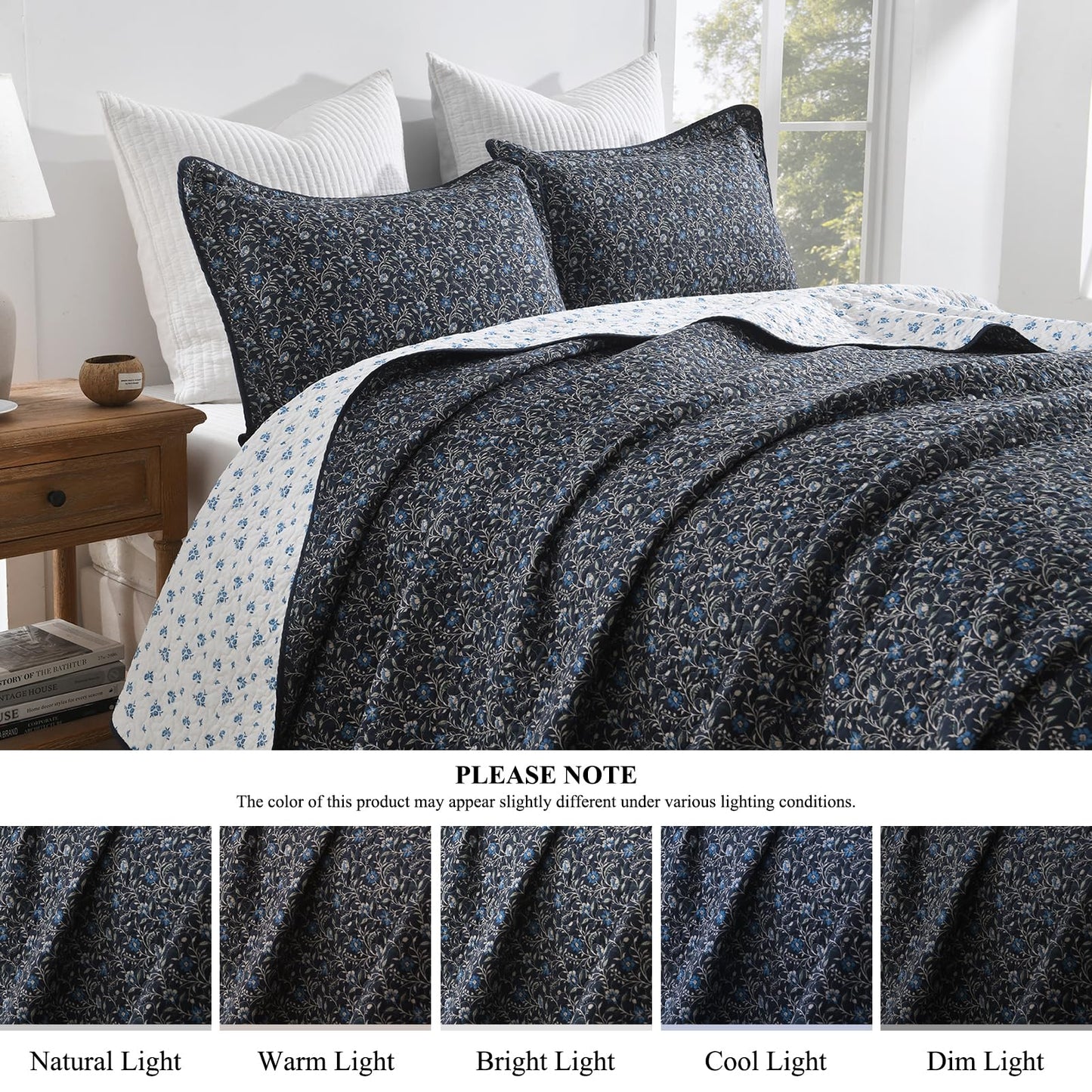 DDUOXIN Botanical Queen Quilt Set - 100% Cotton Reversible Plant Floral Quilts with 2 Pillow Shams, Curling Leaves Lightweight Bedspread Bedroom Bedding for All Seasons, Navy Blue/Blueberry/Bluesteel