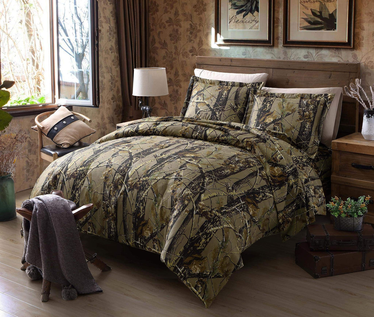 Chezmoi Collection Salem 3-Piece Cabin Lodge Forest Woods Comforter Set - Nature Camo Tree Leaves Printed Soft Microfiber Bedding - Natural, Queen