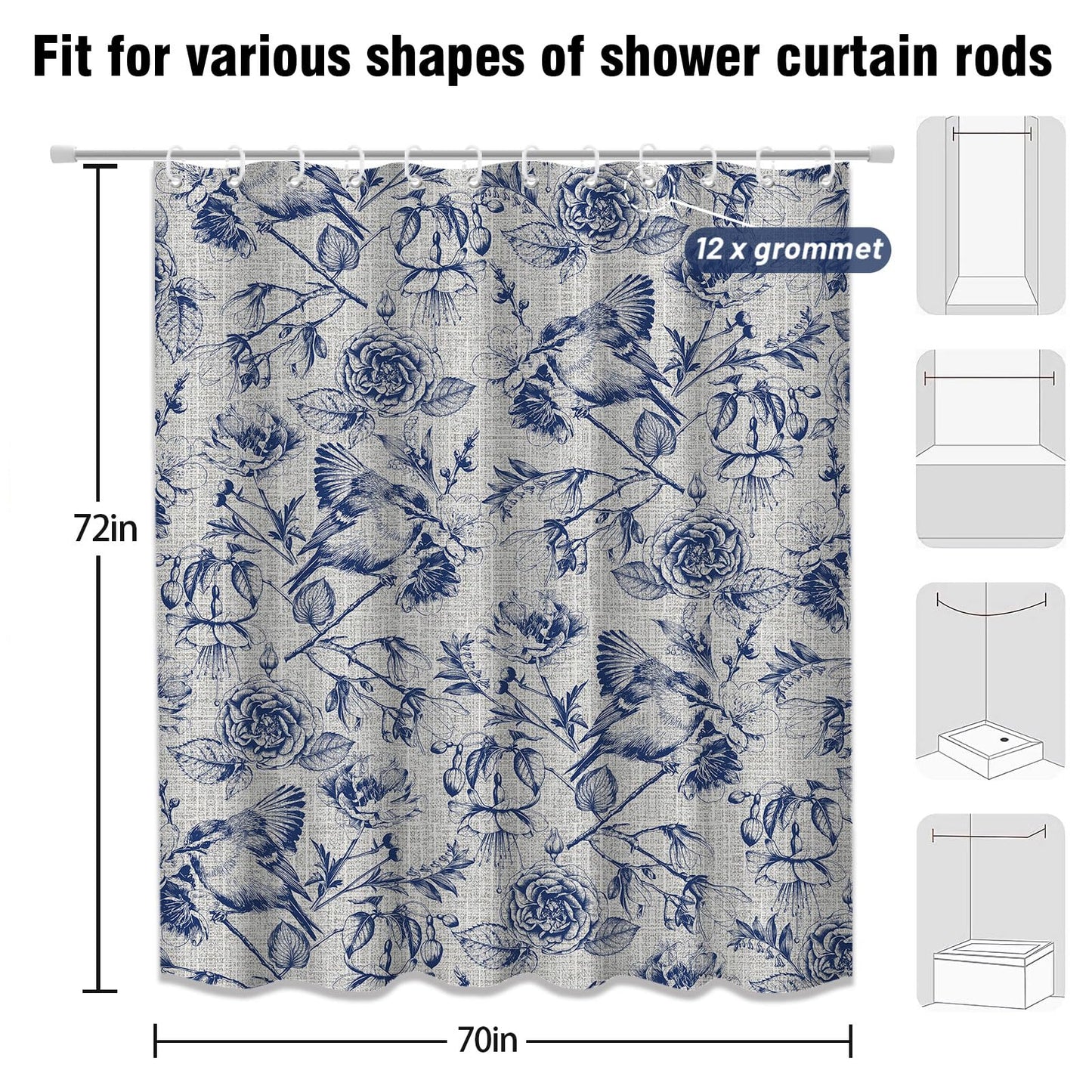 DLTAY Navy Blue Vintage Botanical Shower Curtain, 70x72 Inch