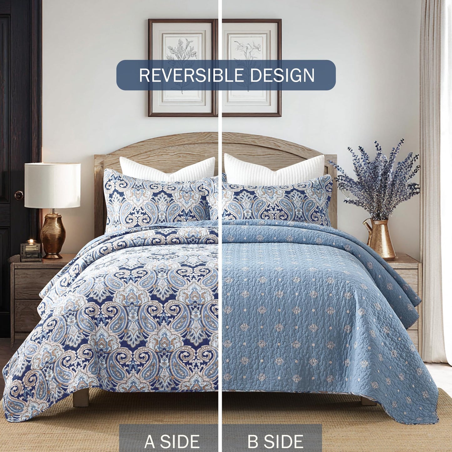 BCOTTOND Blue Paisley Queen Size Quilt Set - Reversible Paisley Beige Floral Quilts Queen Size, 100% Cotton Lightweight Bedspread Set, Luxury Quilt Bedding Set for Queen Bed, Navy Blue, 90×98