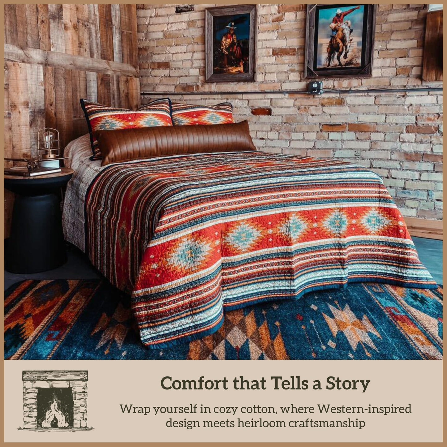 Paseo Road Del Sol Queen Quilt Set, 3 Piece Rustic Western Bedding Set with Pillow Sham, Lightweight Reversible Cotton Quilt with Southwestern Aztec Pattern, Soft Breathable Cozy Boho Bedding