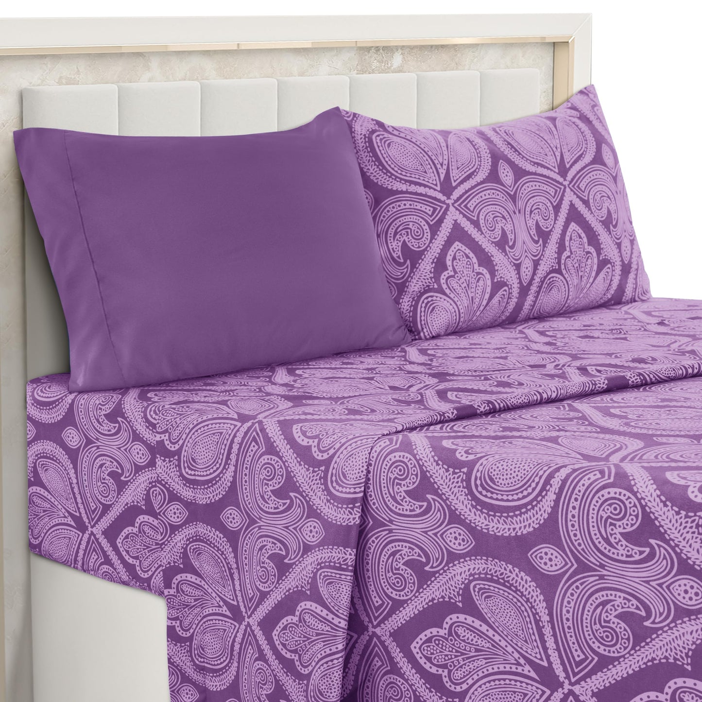Ultra Soft Wrinkle-Free Microfiber Paisley Twin XL Sheet Set, Cute Floral Pattern Boho Print – 16" Deep Pocket Fitted Sheet, Flat Sheet & 2 Pillowcases, Breathable, OEKO-TEX - Purple