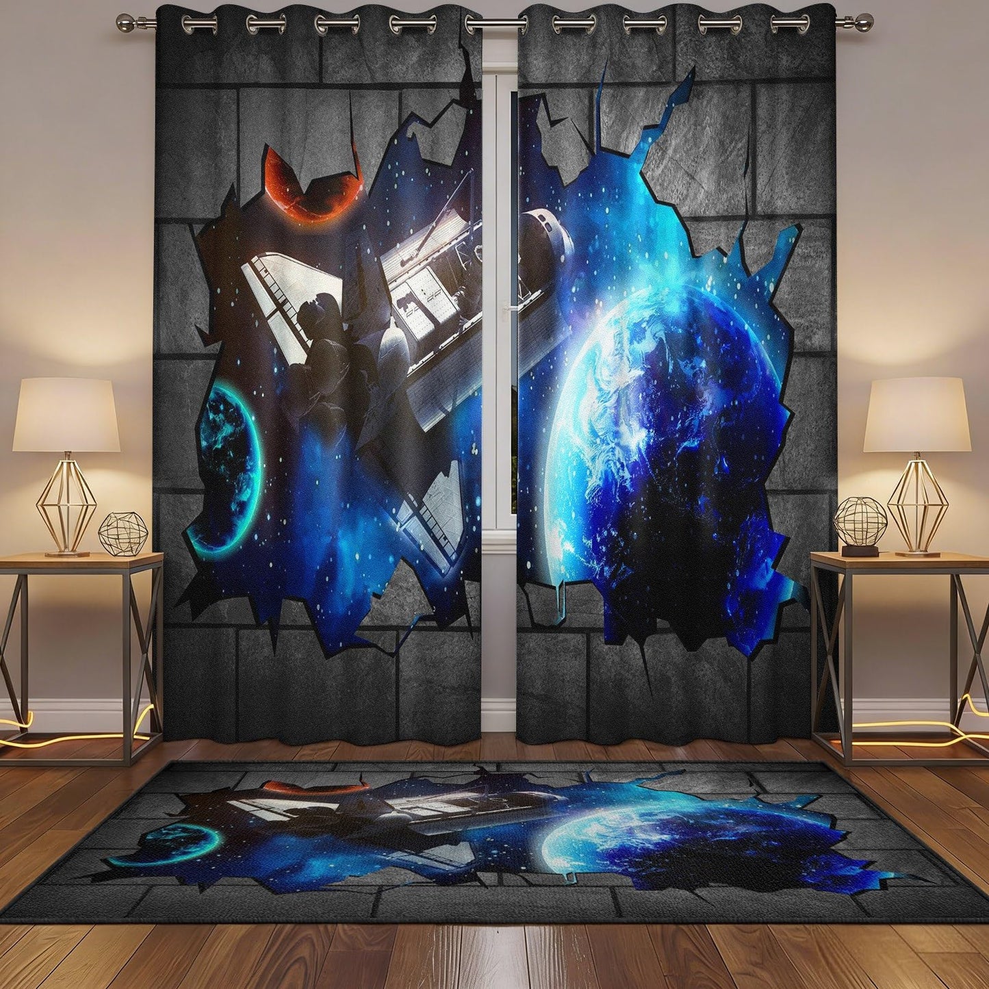 MBVZGUK 3D Space Grommet Curtains 54 Inch Long 2 Panels, Galaxy Space Shuttle Earth Planet Broken Wall Window Drapes, Thermal Insulated Room Darkening Curtains for Kids Nursery Playroom