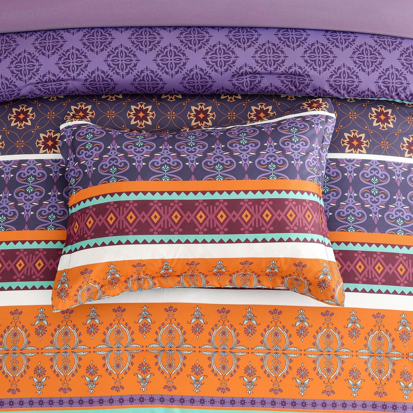 WONGS BEDDING Boho Comforter Set Queen Size,7 Pieces Bohemian Comforter Bedding Set Bed in a Bag,Purple Paisley Floral Comfortet with Sheet Set,Soft Microfiber Striped Bedding Sets for All Season