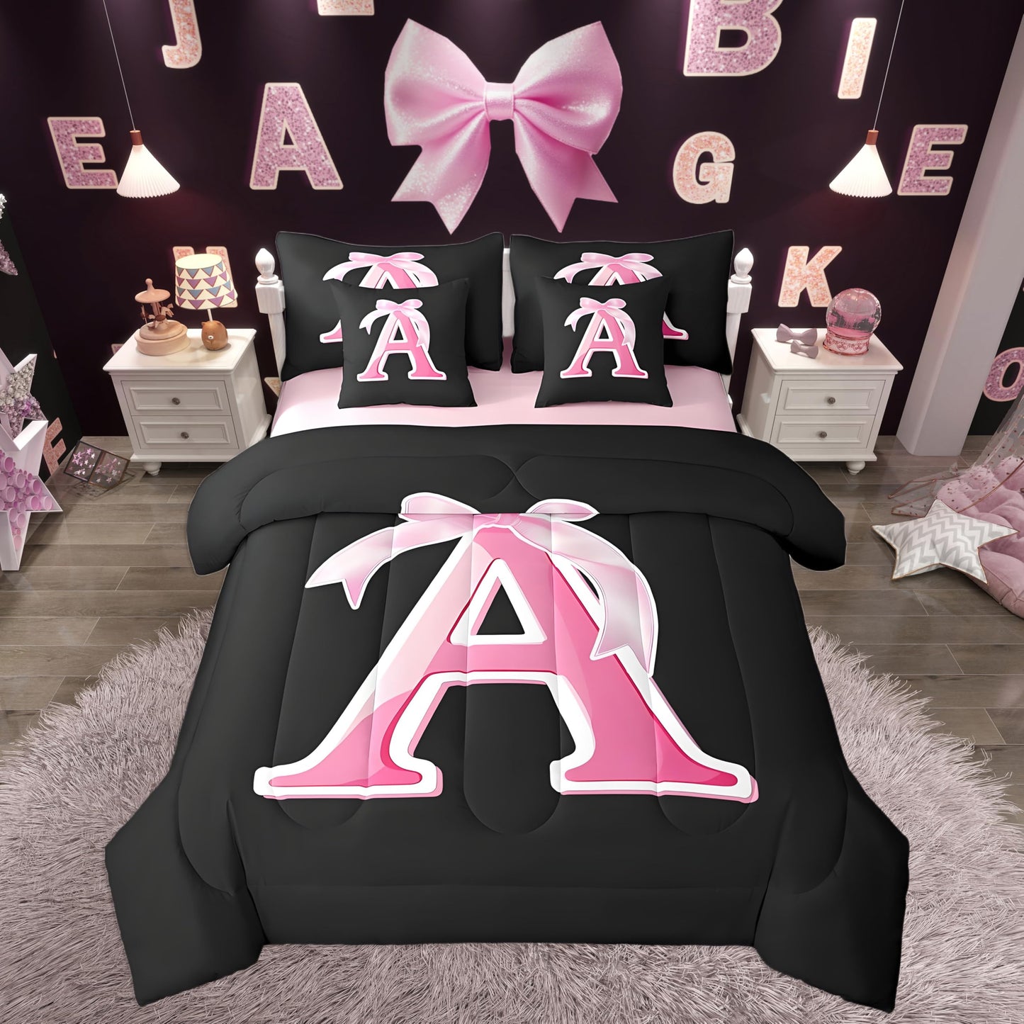 jejeloiu Kids Girls Black Pink Bow Comforter Set with Sheets Twin Size Monogrammed 7 Piece Bedding Set Personalized Initial A Bed in a Bag with Comforter,Sheets,Pillowcases Modern Fashion Bed Set