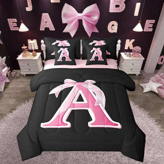 jejeloiu Kids Girls Black Pink Bow Comforter Set with Sheets Twin Size Monogrammed 7 Piece Bedding Set Personalized Initial A Bed in a Bag with Comforter,Sheets,Pillowcases Modern Fashion Bed Set