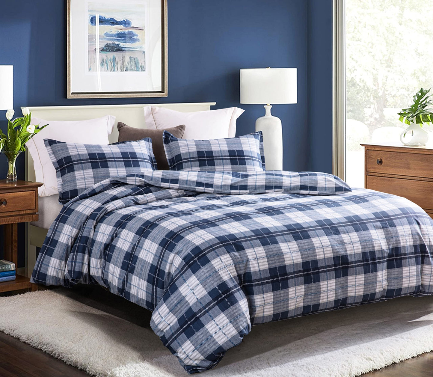 SLEEPBELLA Comforter King Size, 600 Thread Count Cotton Navy Blue & Grey Buffalo Pattern Blue Plaid Comforter Sets,Down Alternative Bedding Set 3Pcs (King, Navy Plaid)