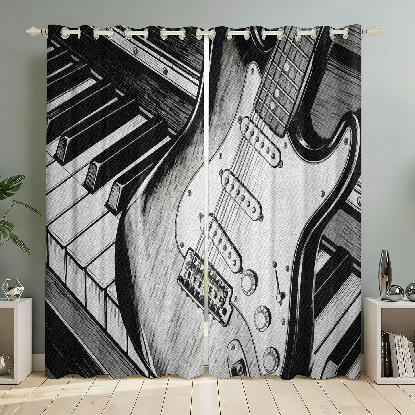 MBVZGUK Black and White Piano Keys Electric Guitar Sketch 63 Inch Curtains 2 Panel Set, Music Instrument Room Darkening Curtains, Musical Art Curtain for Boy Teen Bedroom Decor