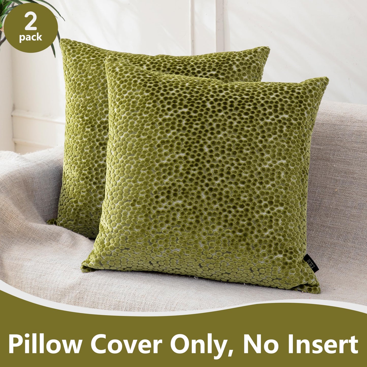 FIFU 18x18 Inch Throw Pillow Cover Set of 2 - Jacquard Velvet Cut-Pile with Linen-Look Back, Invisible Zipper, Soft Decorative Cushion Case for Couch Sofa Bedroom Living Room, Machine Washable, Olive