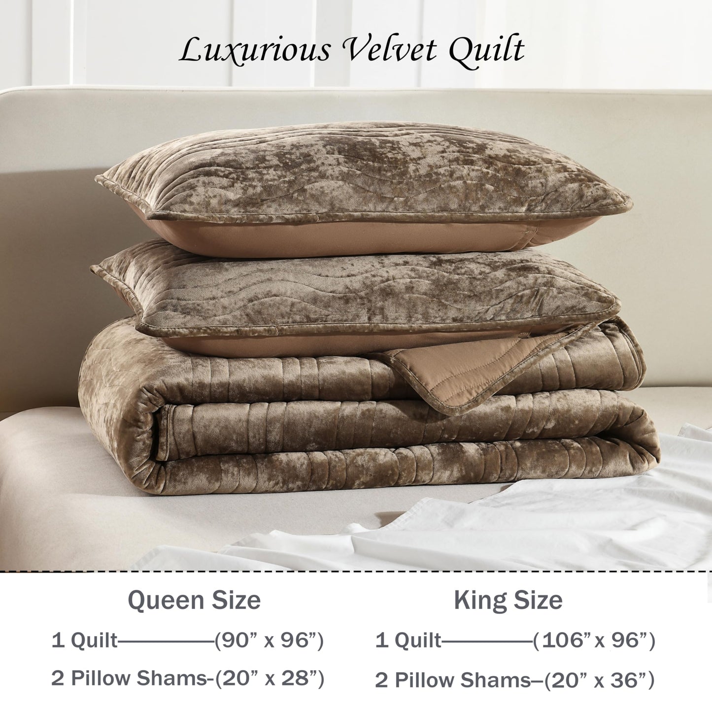 AJOCCI Velvet Quilt Set, Mocha Brown Velvet Quilt King Size Comforter Set, Luxury Bedding Soft Plush Bedspread, Machine Washable Coverlet, All-Season 3 Pieces