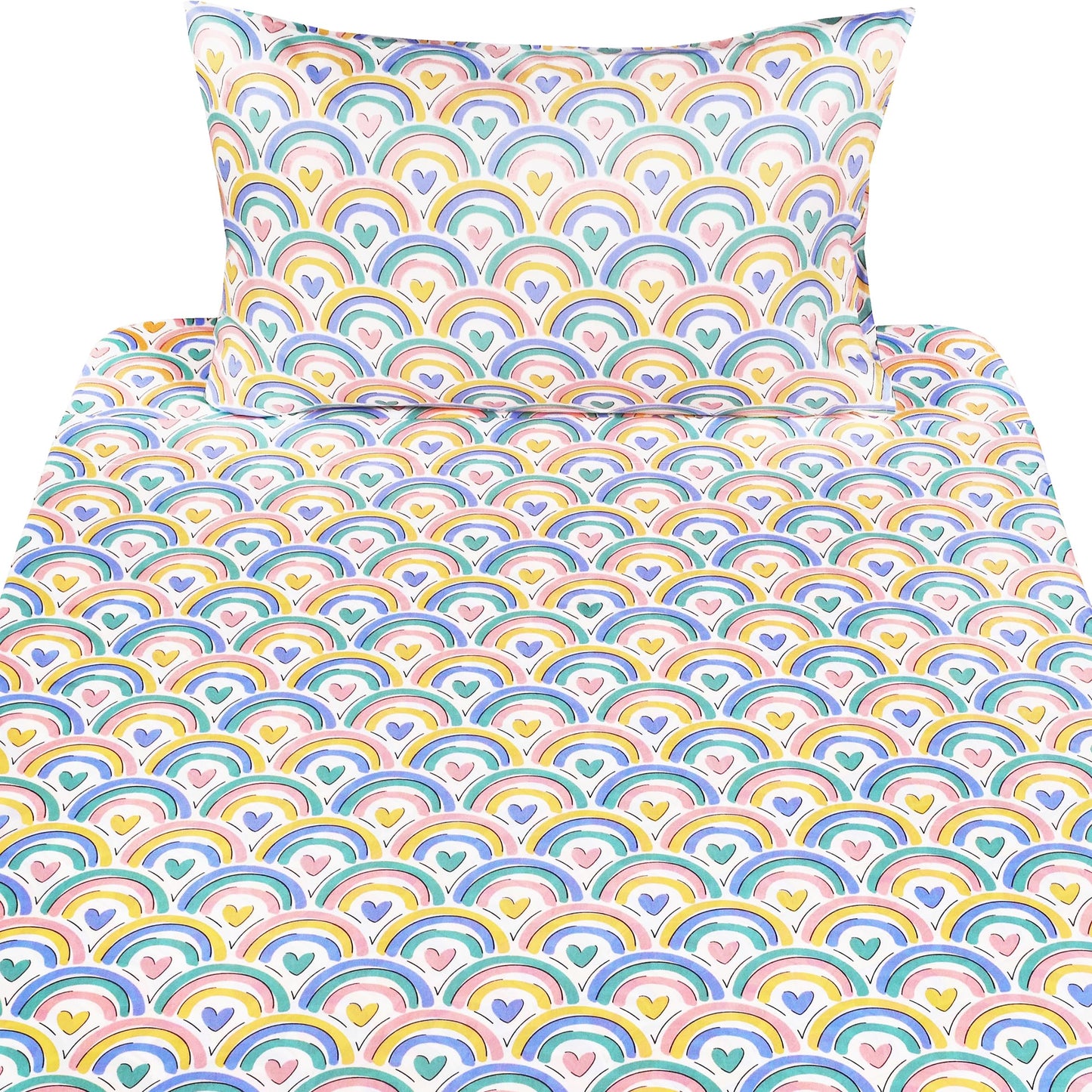 J-pinno Rainbow Heart Colourful Cartoon 100% Cotton 3 Pieces Twin Sheet Set for Kids Girls Boys Children Flat Sheet + Fitted Sheet + Pillowcase Bedding Decoration Gift Set (Love Rainbow, Twin)