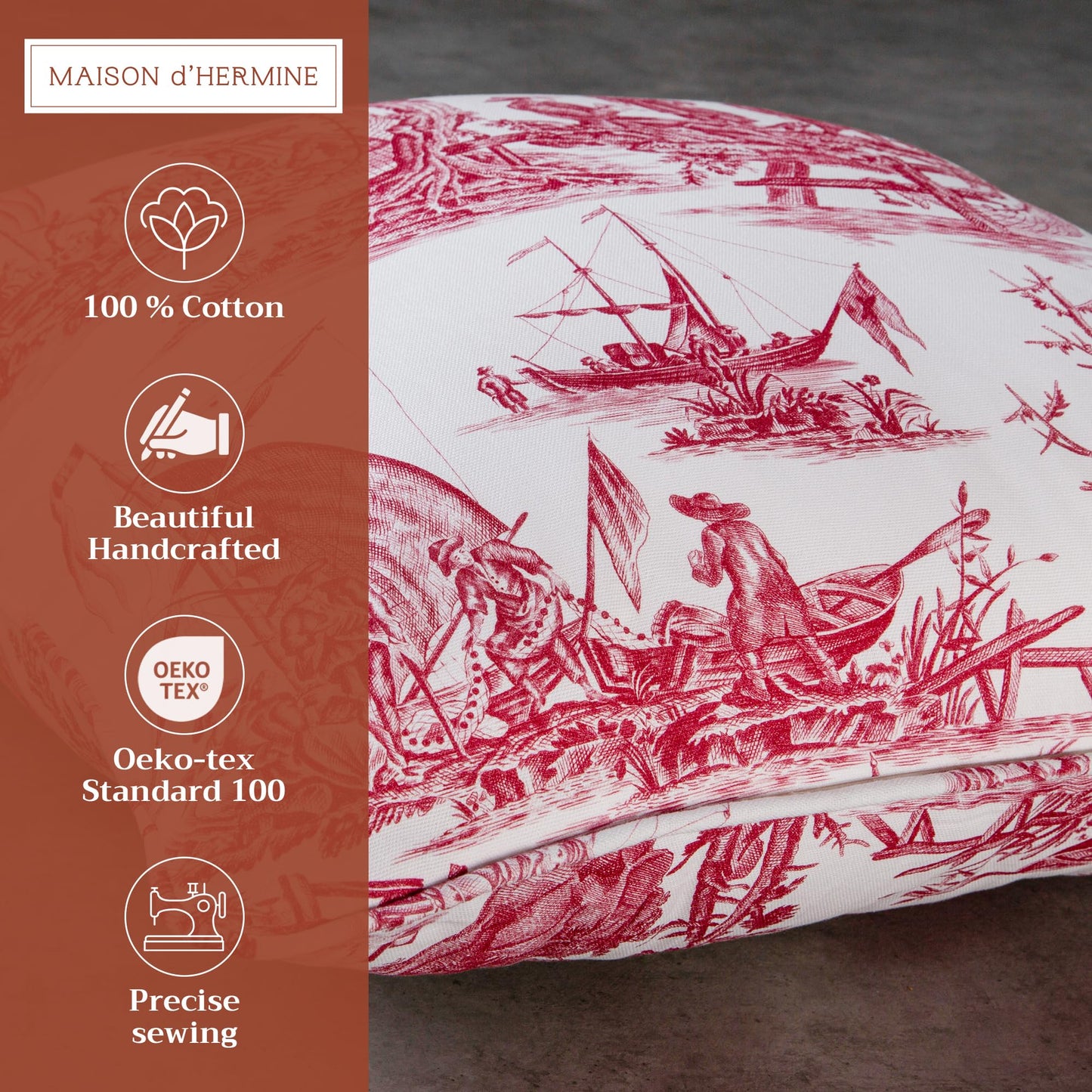 Maison d' Hermine Decorative Pillow Covers 18 x 18 inch Square 100% Cotton Toile Throw Pillow Covers with Invisible Zipper for Couch Chair Sofas Spring Summer (Calais - Red (White Base))