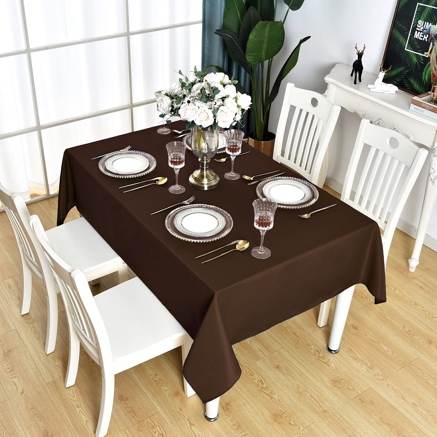 KAIPHO Brown Rectangle Tablecloth Waterproof Stain Resistant Wrinkle Free Table Cloth 210GSM Polyester Wipeable Table Cover for Party, Banquet, Indoor and Outdoor-Rectangular/Oblong, 60 x 84 inch
